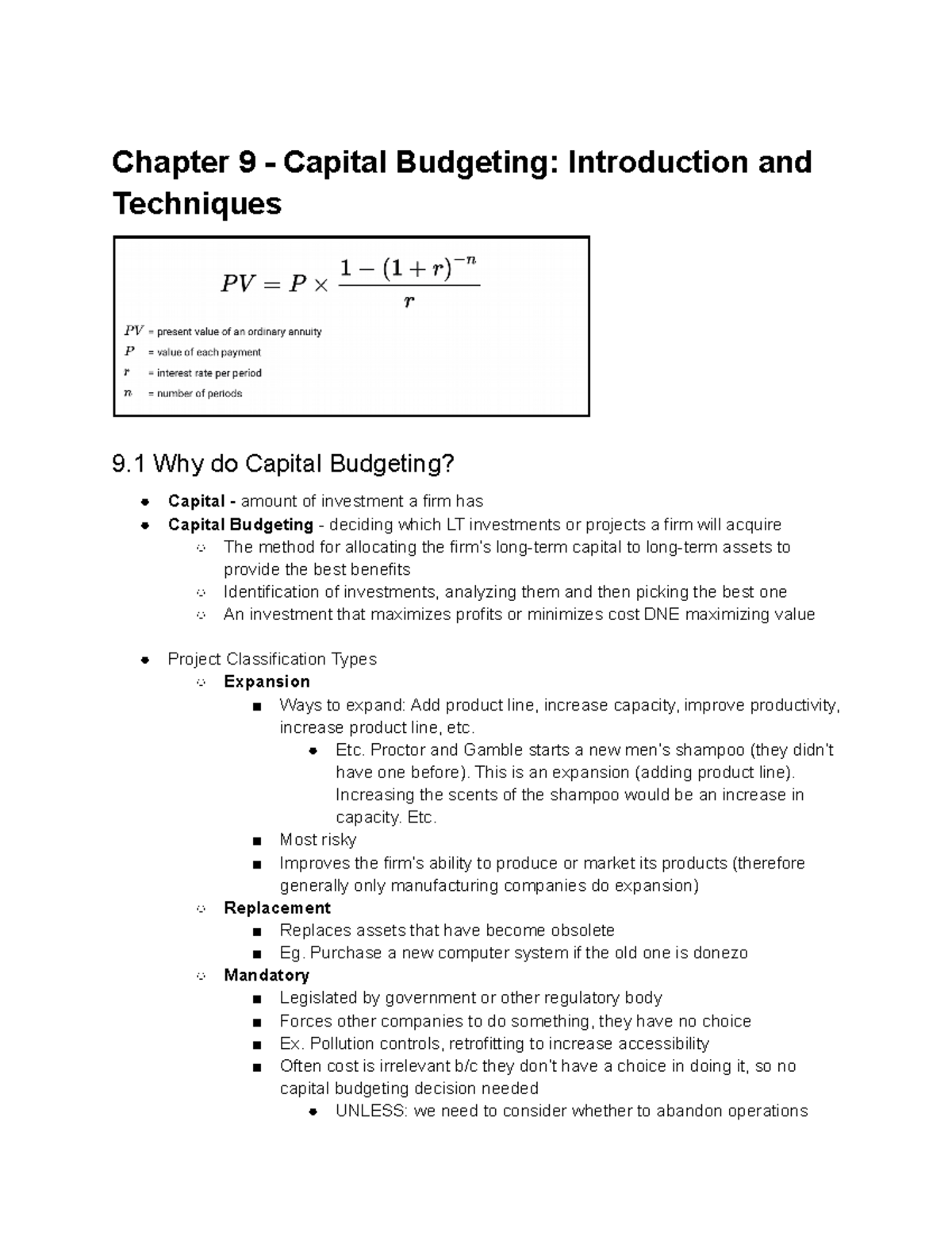Chapter 9 - Capital Budgeting Techniques: Introduction and Overview ...