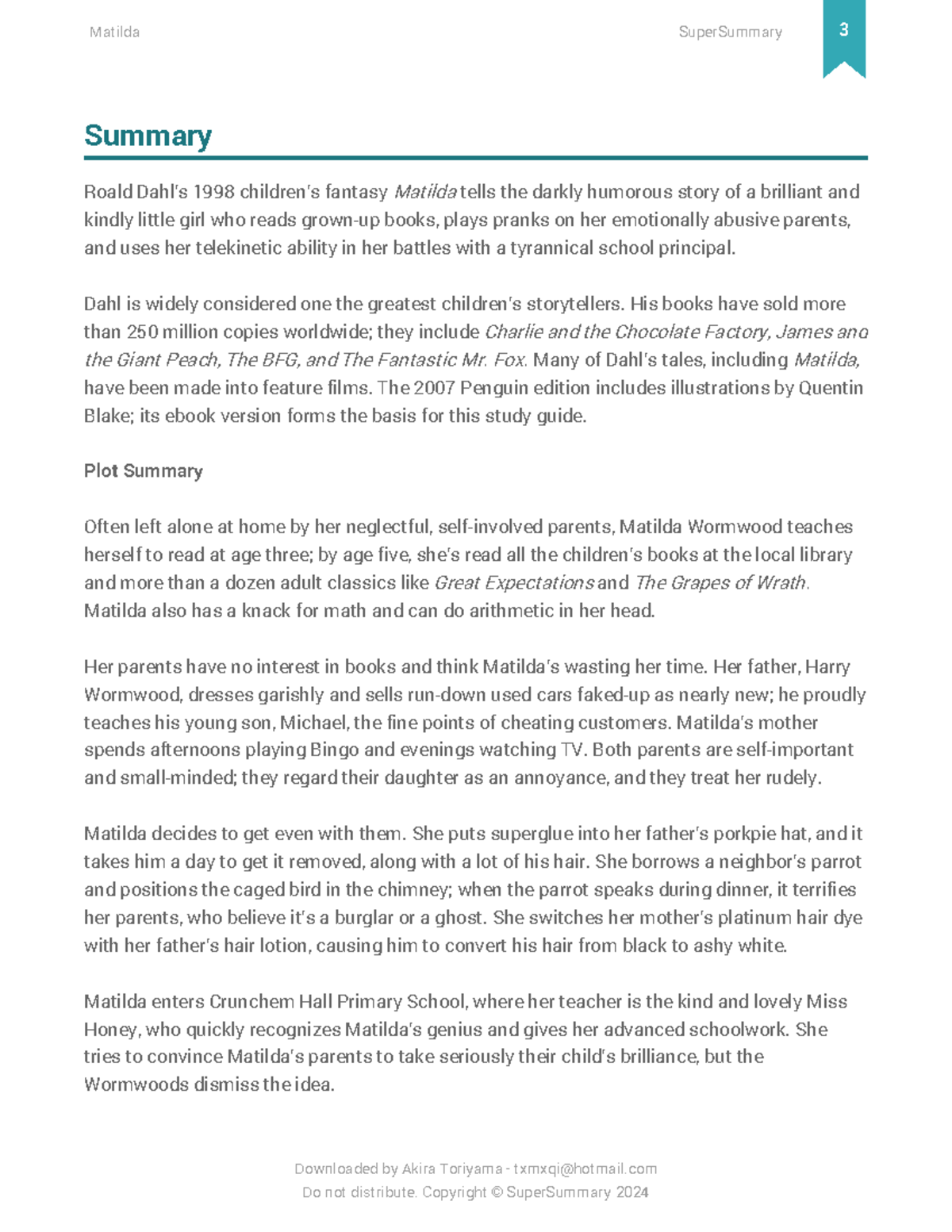 Matilda - Super Summary Study Guide 4 - Summary Roald Dahl’s 1998 ...