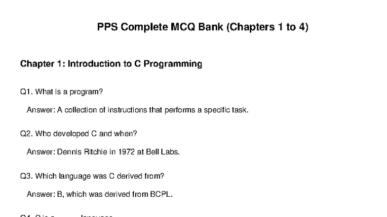PPS Complete MCQ Bank (Chapters 1-4) on C Programming - Studocu