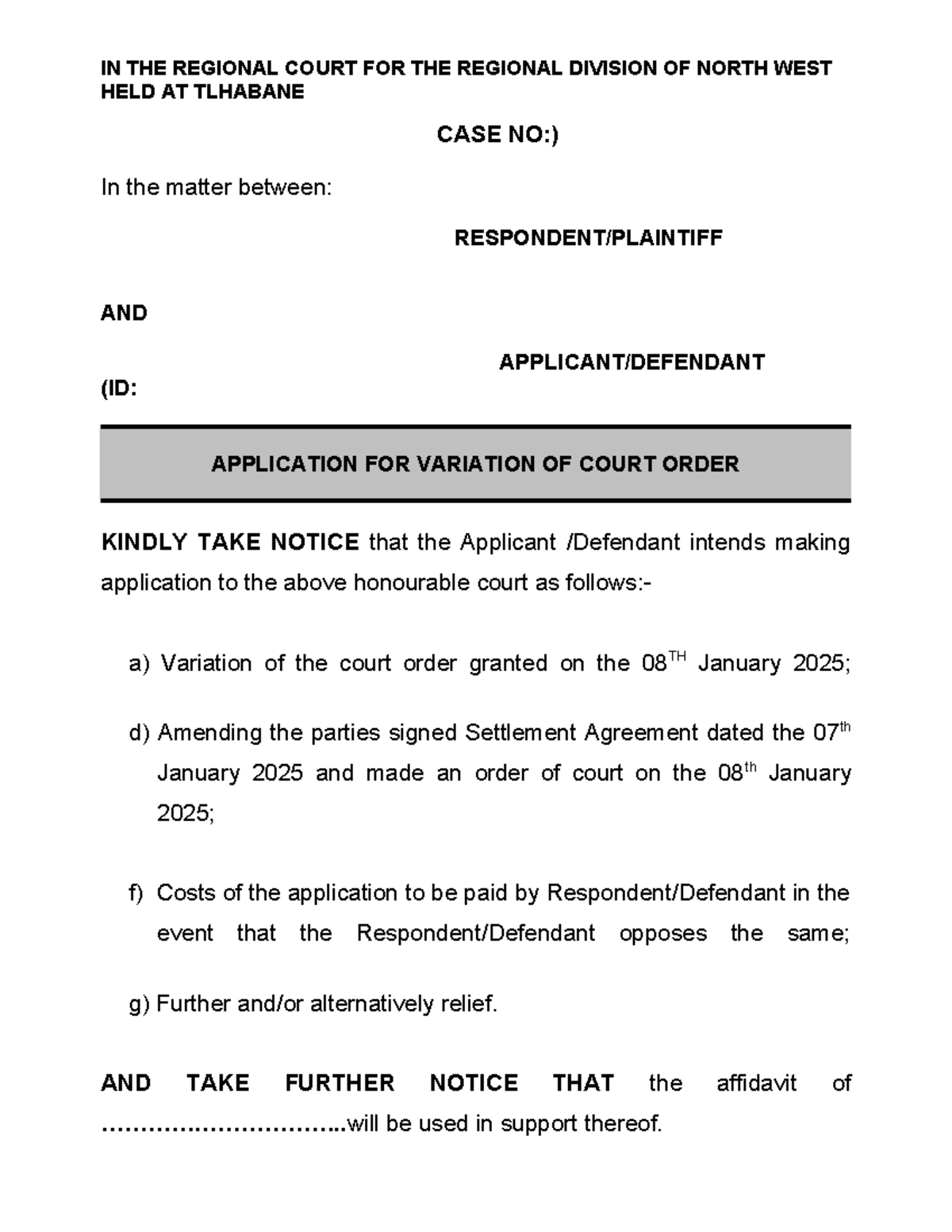 Rapula Variation Application: Court Order Amendment Notice - Studocu