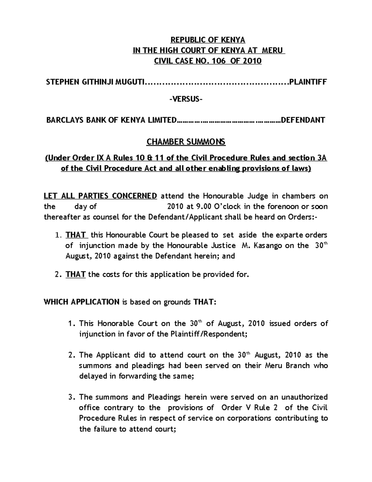 Chamber Summons - Civil Case No. 106 of 2010 Lecture Notes - Studocu