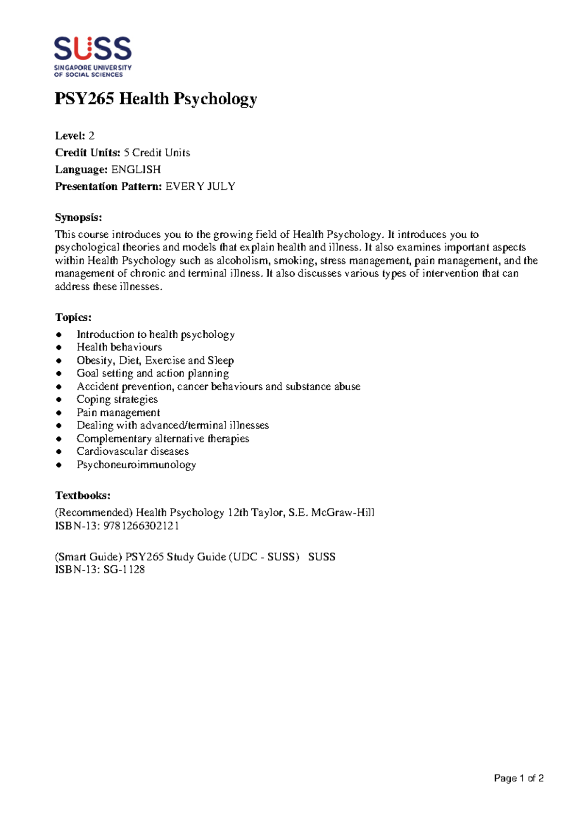 PSY265 Health Psychology Course Outline and Key Topics - Studocu
