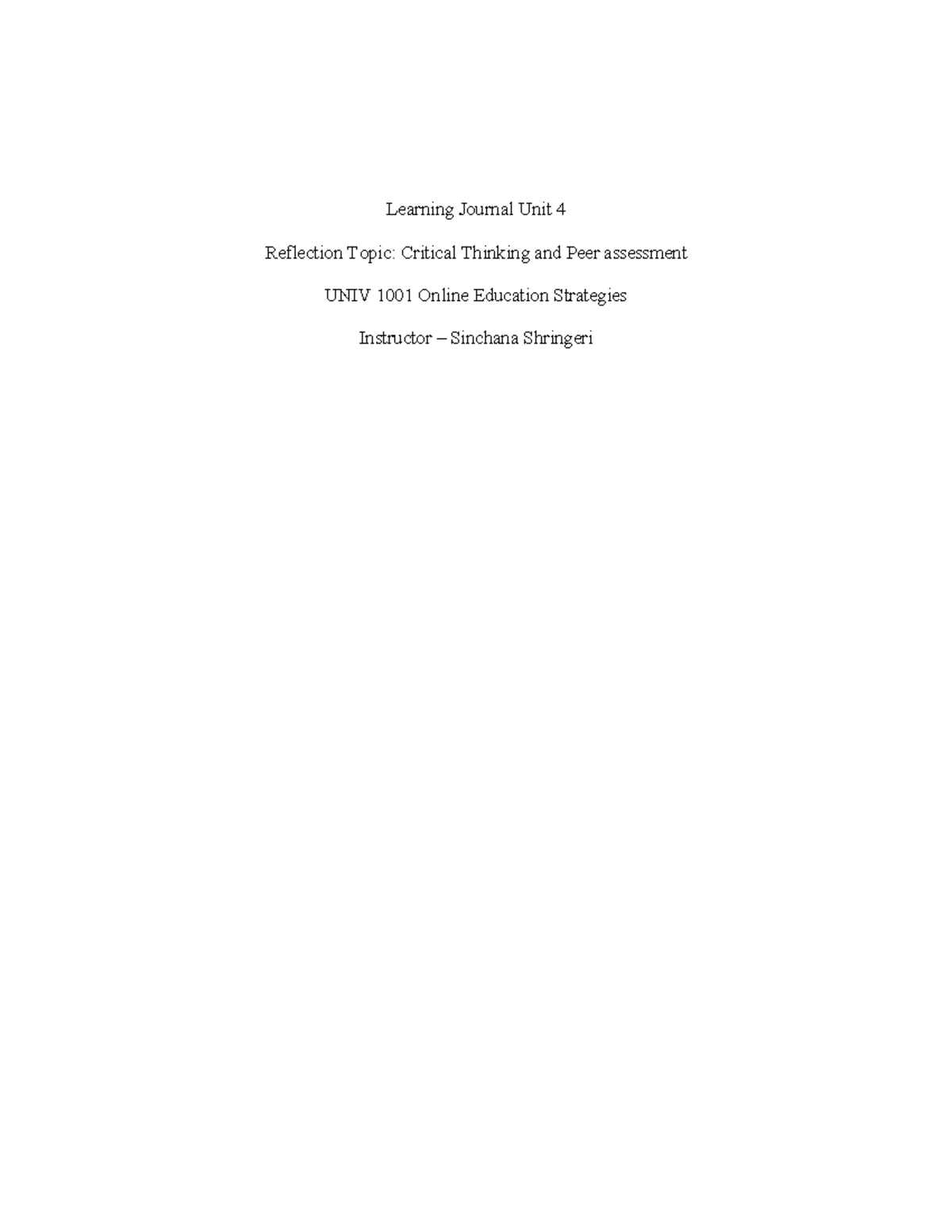 UNIV 1001 Learning Journal Unit 4 - Learning Journal Unit 4 Reflection ...