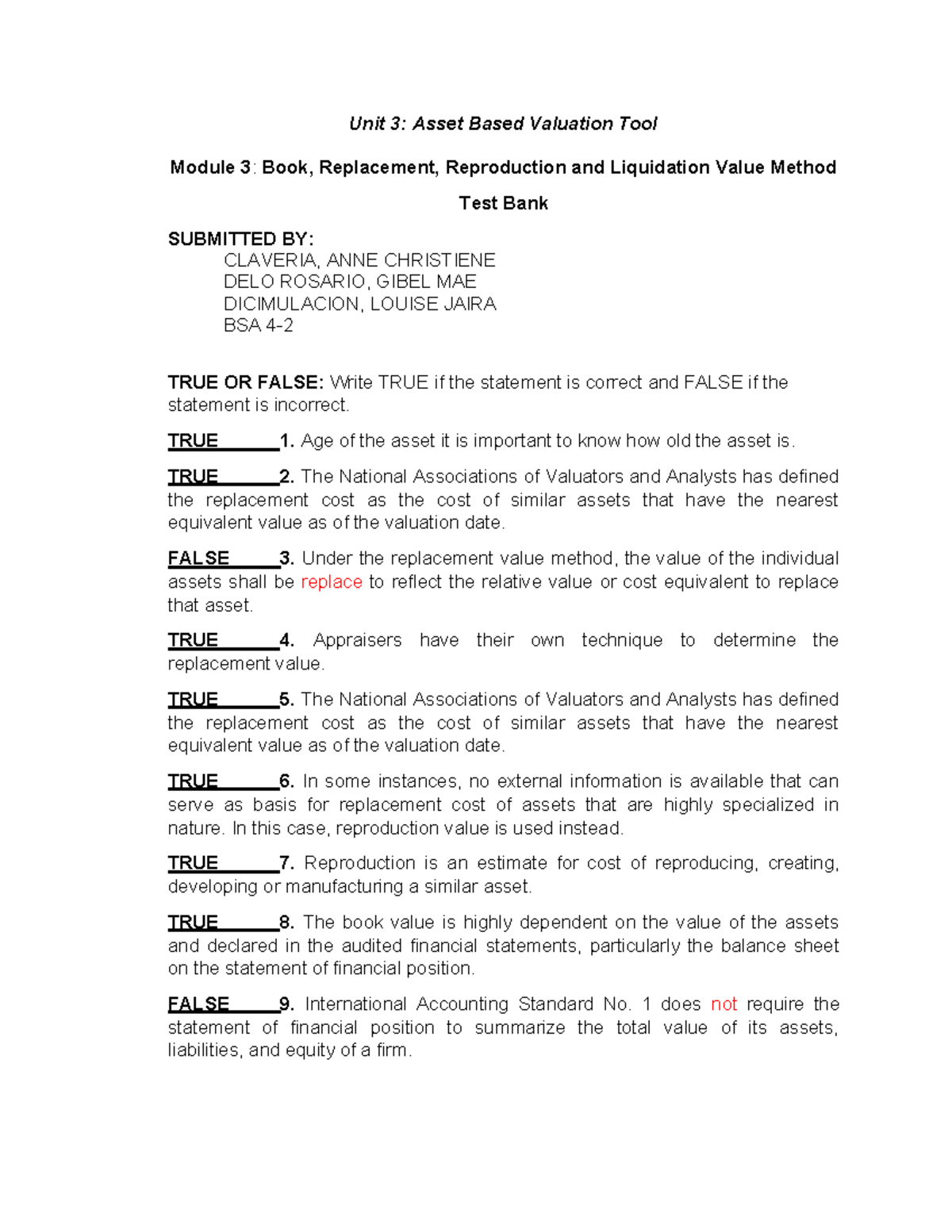 Asset-Based Valuation Tool: Unit 3 Test Bank - BSA 4- Final Exam - Studocu