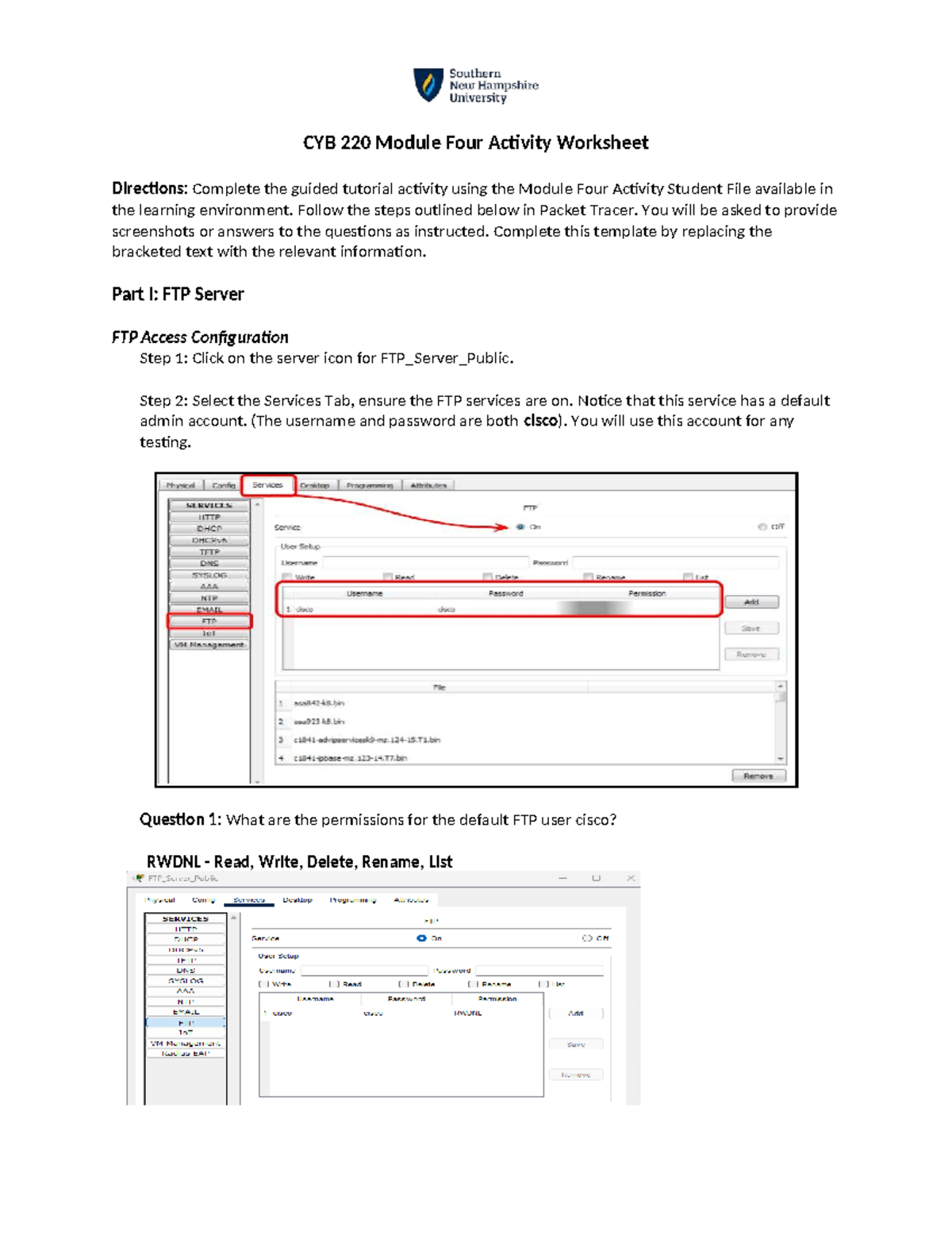 CYB 220 Module 4 FTP & ACL Configuration Activity Worksheet - Studocu