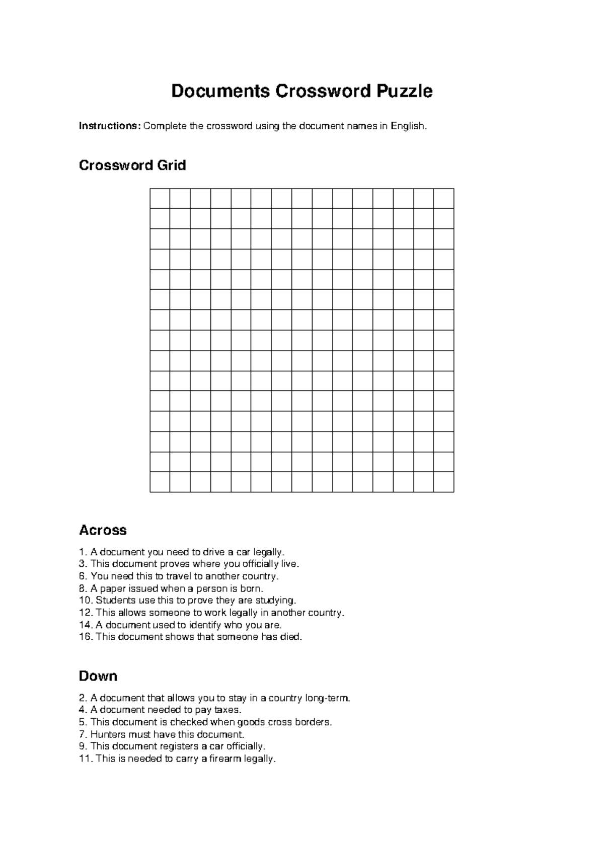 Documents Crossword Puzzle Instructions and Clues - Studocu