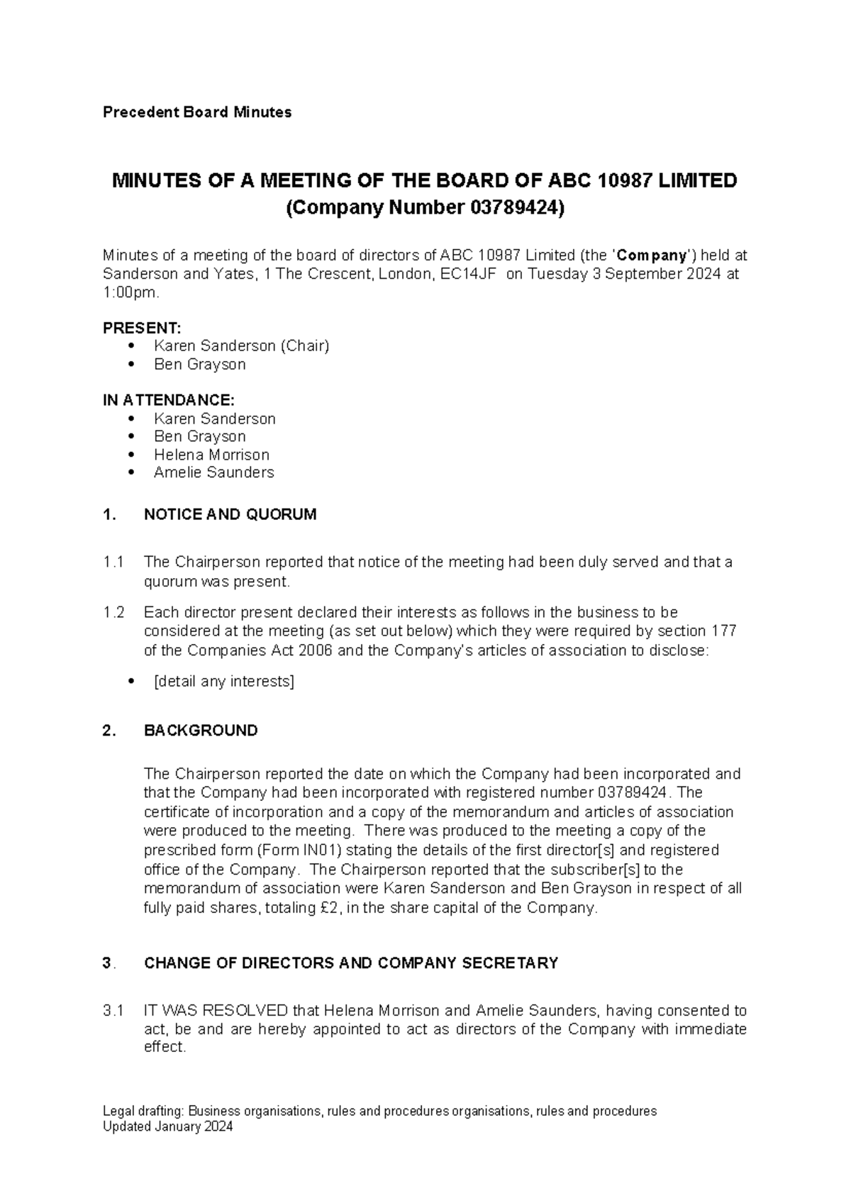 SQE2 Legal Drafting: Sample Board Minutes for ABC 10987 Limited - Studocu