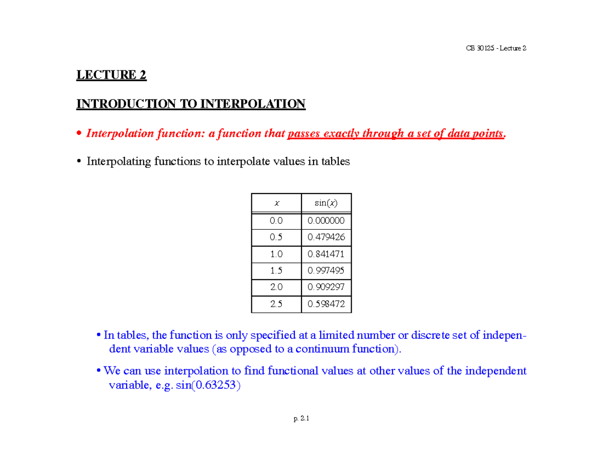 CE 30125 Lecture 2: Introduction to Interpolation and Error Analysis ...