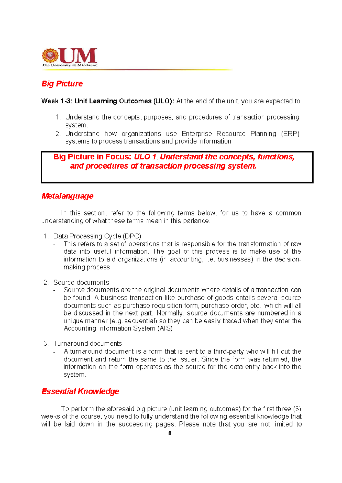 SIM-ACC 214 Unit Learning Outcomes: Transaction Processing Systems ...