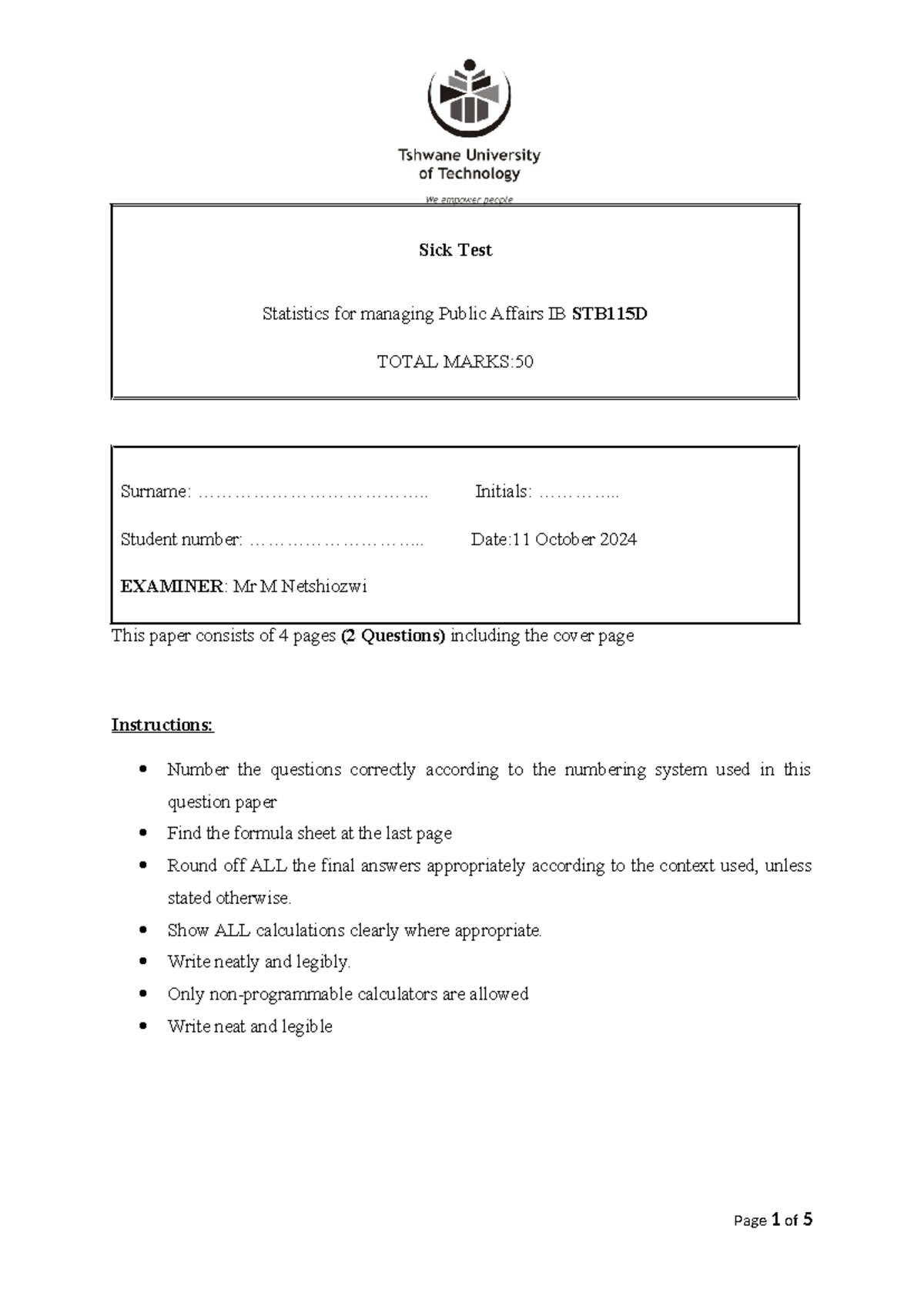 Sick Test Statistics for Public Affairs IB STB115D - Past Papers - Studocu