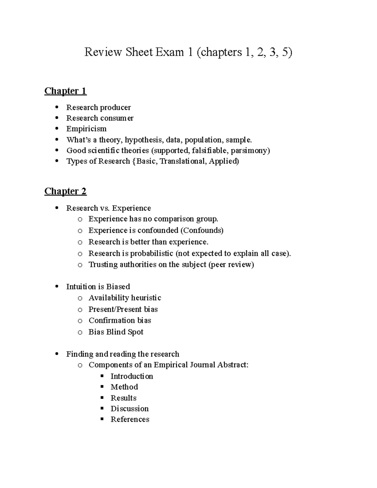 Exam 1 Review Sheet (Psych 101): Key Concepts from Chapters 1-5 - Studocu
