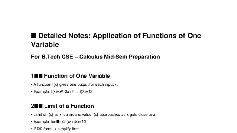 B.Tech CSE Calculus: Detailed Notes on Functions of One Variable - Studocu