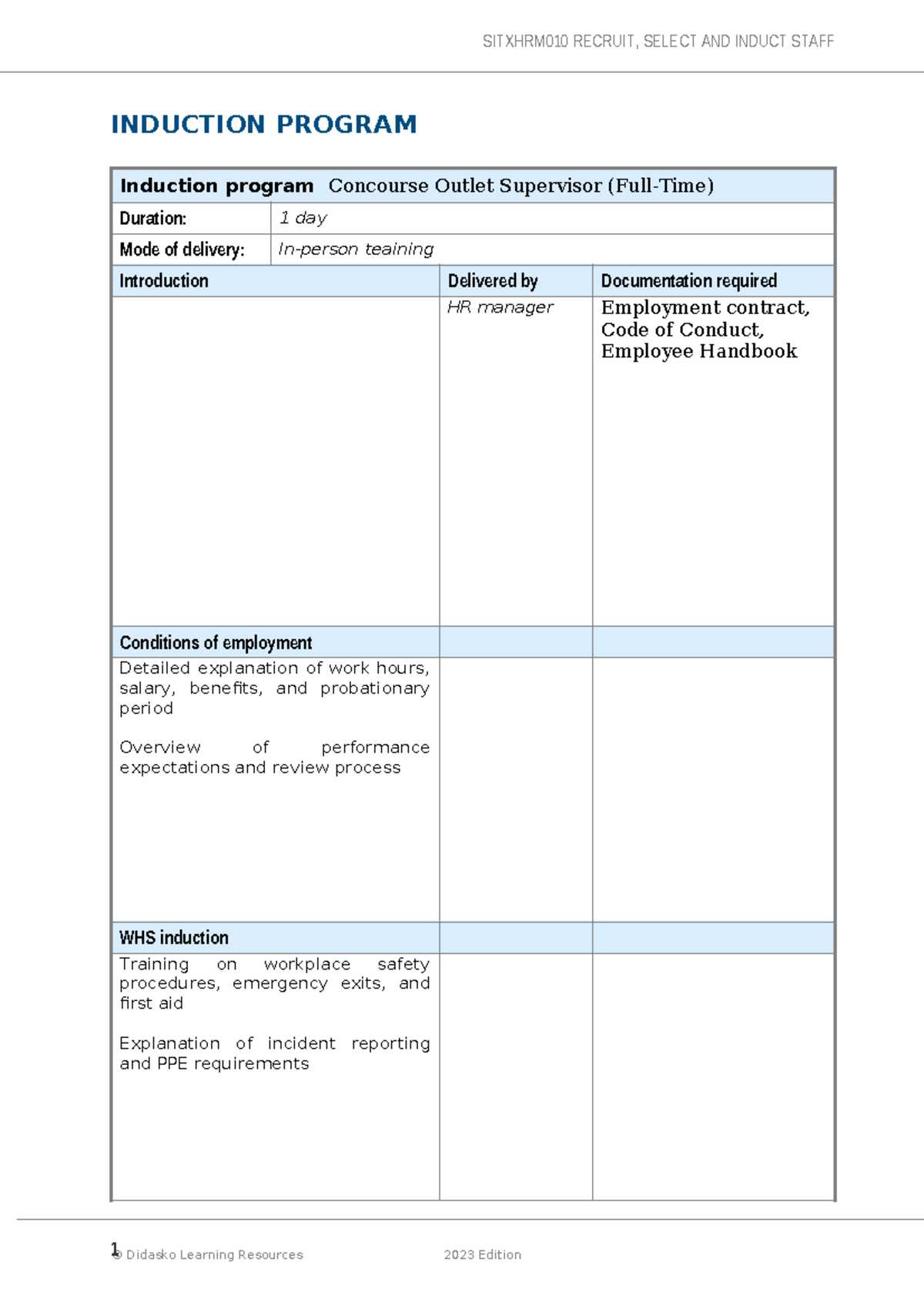 Induction Program Template for Concourse Outlet Supervisors and ...