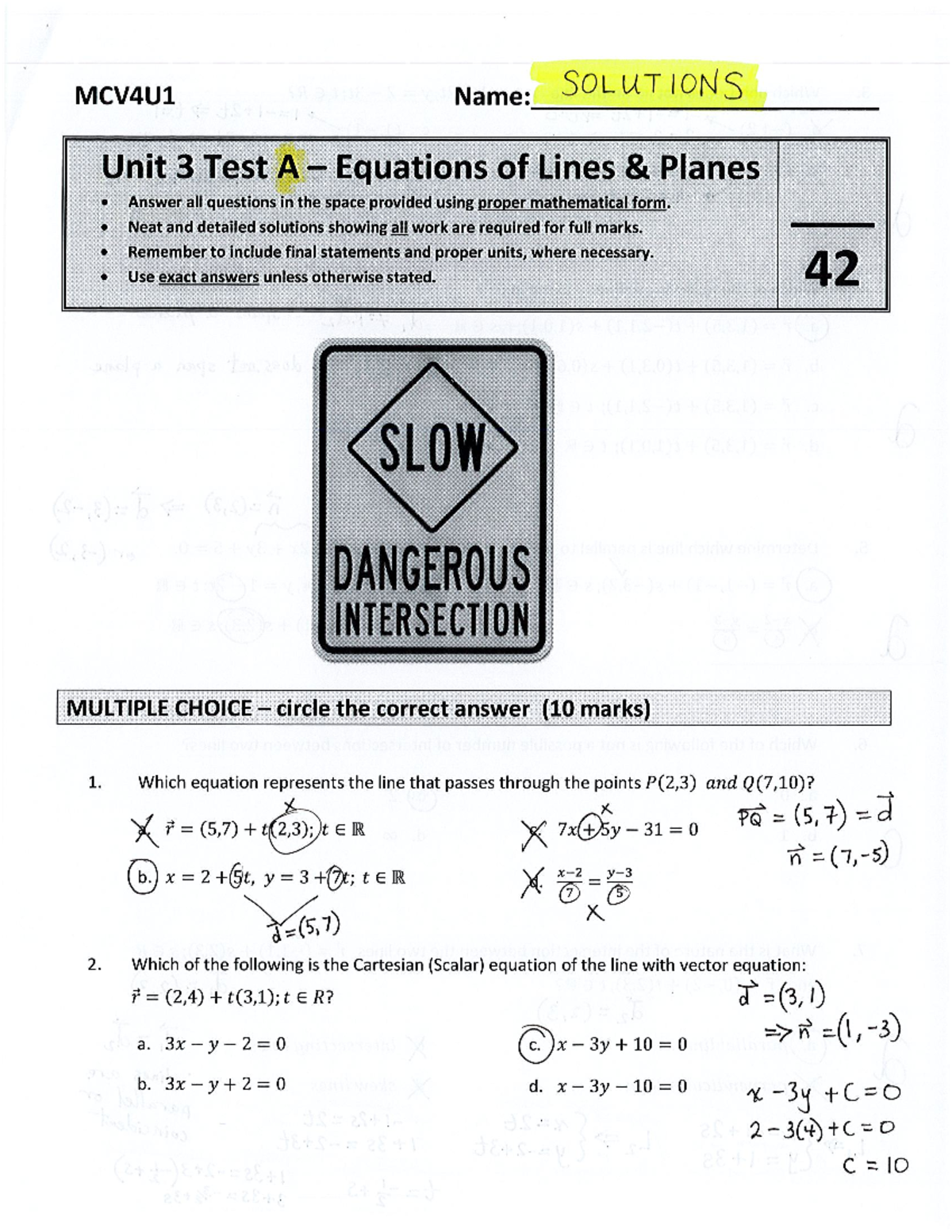 Solutions - MCV4U1 Unit 3 Test: Equations of Lines & Planes - Studocu