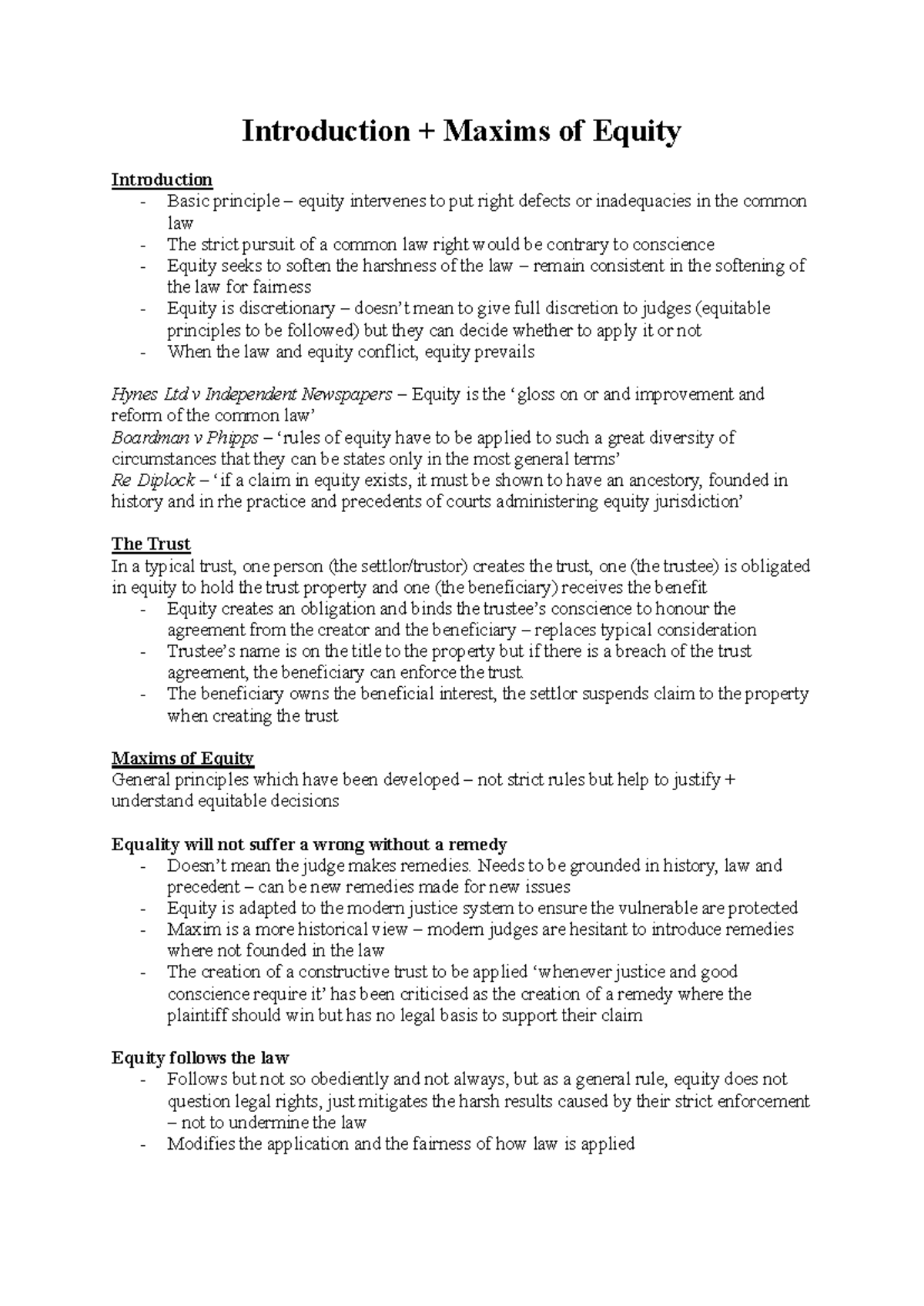 Introduction to Maxims of Equity and Trusts - LW351 W - Studocu