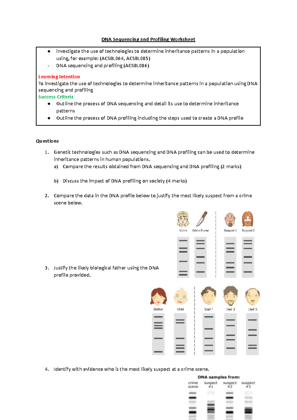 DNA Sequencing & Profiling Worksheet (ACSBL064, ACSBL085, ACSBL086 ...