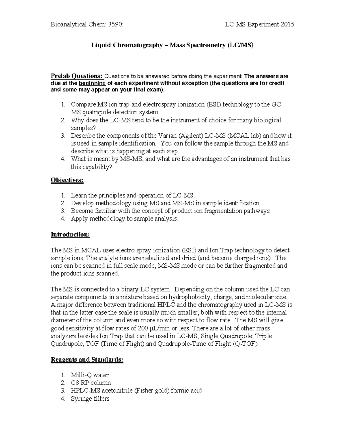 Lab Handout - Liquid Chromatography - Mass Spectrometry (LC/MS ...