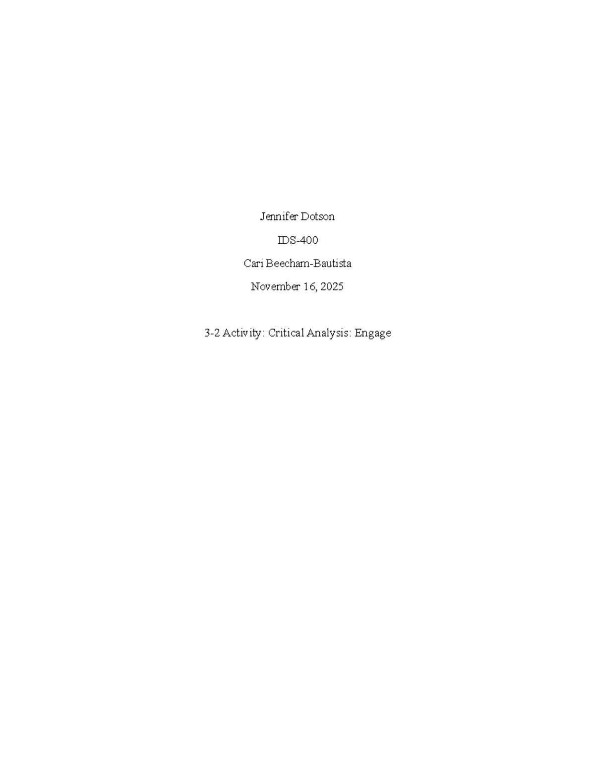 IDS-400 3-2 Activity: Critical Analysis on Diversity in Education - Studocu
