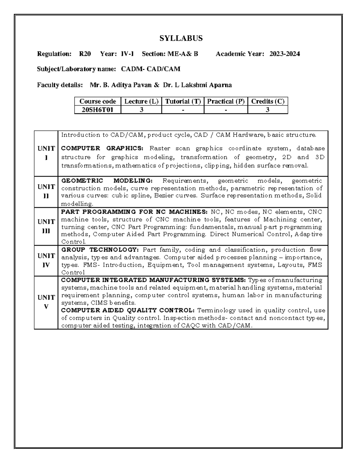 CADM 20SH6T01 Lecture Syllabus: Product Cycle & CAD/CAM Overview - Studocu