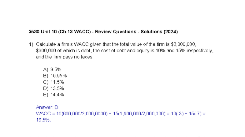 Unit 10 - Review Questions - Solutions (2024) - 3530 Unit 10 (Ch WACC ...