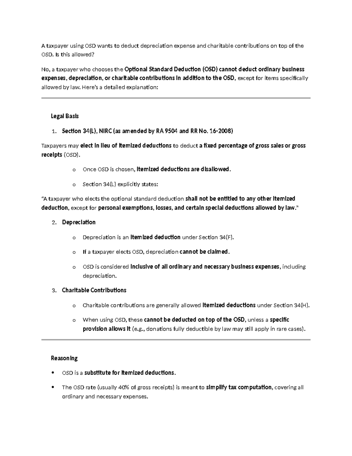 Taxpayer Deductions Under OSD: Depreciation & Charitable Contributions ...