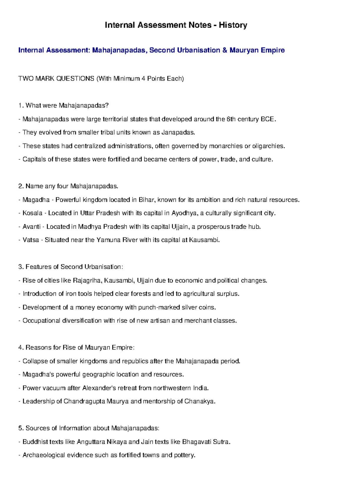 Internal Assessment Notes: Mahajanapadas & Mauryan Empire - Studocu