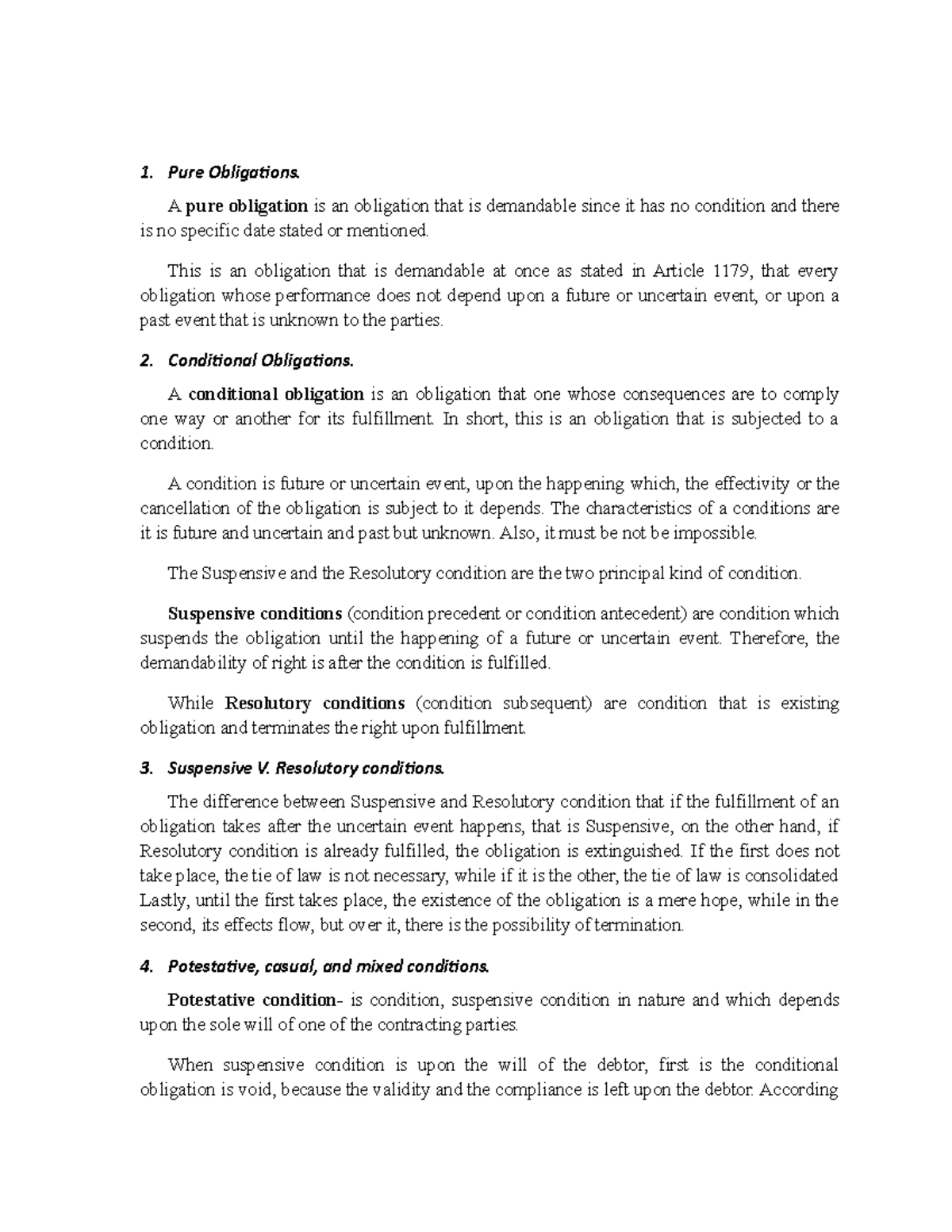 Pure Obligations and Conditional Obligations Overview (LAW 101) - Studocu
