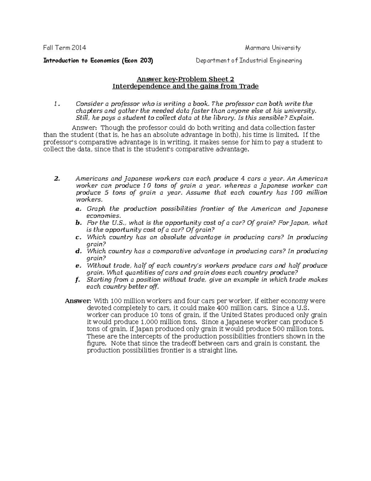 Econ 203 Fall 2014 Answer Key: Interdependence & Trade Insights - Studocu