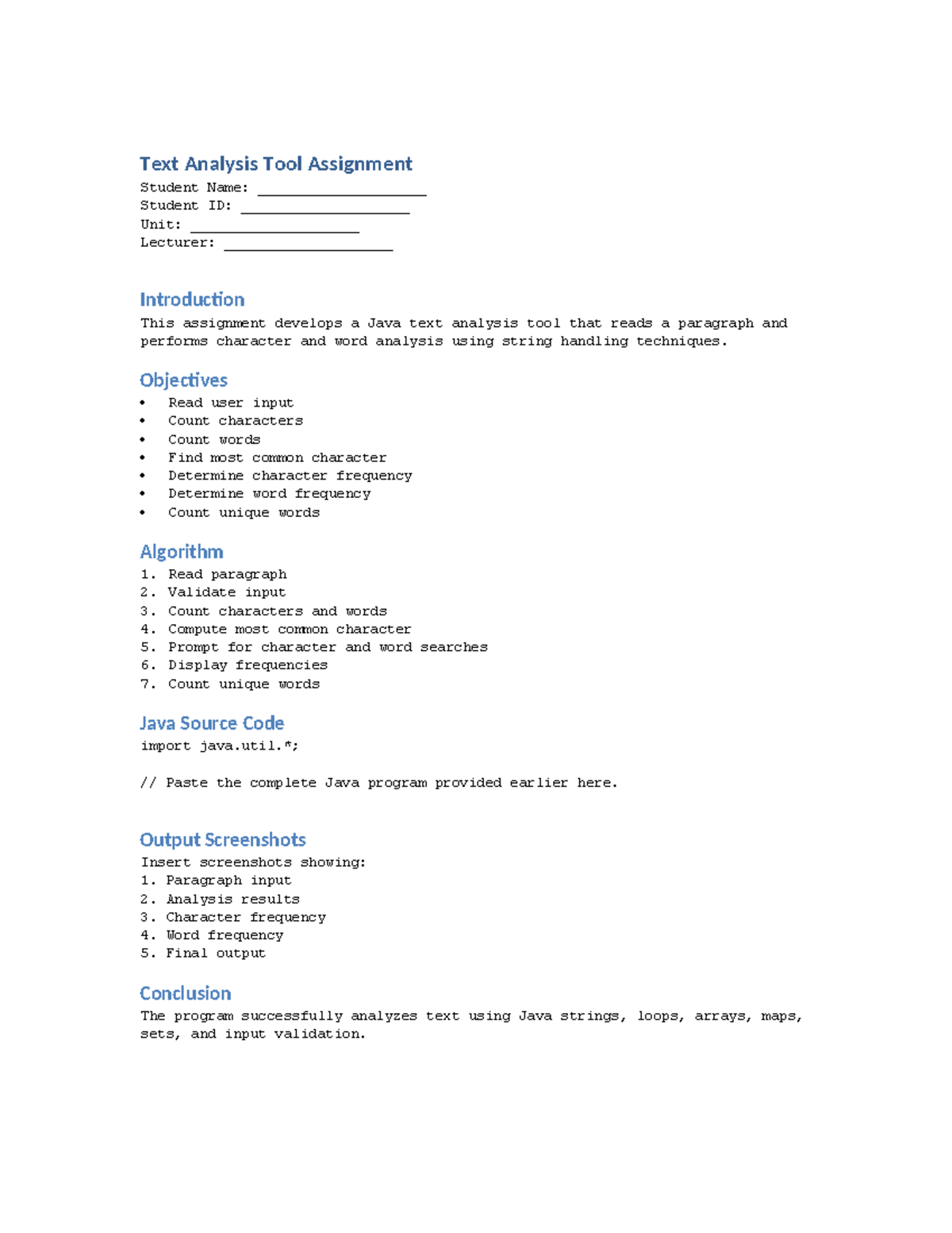 Java Text Analysis Tool Assignment Report - Studocu