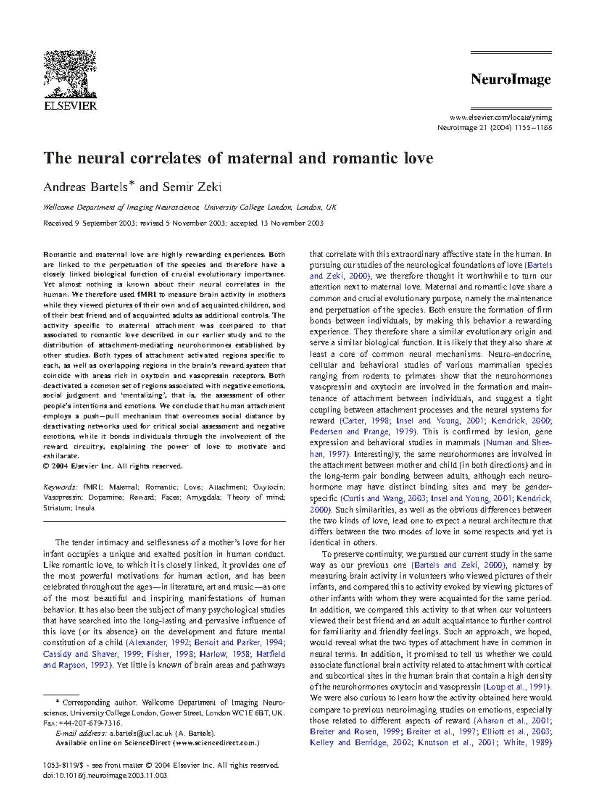 NeuroImage 21 (2004) Study on Neural Correlates of Maternal and ...