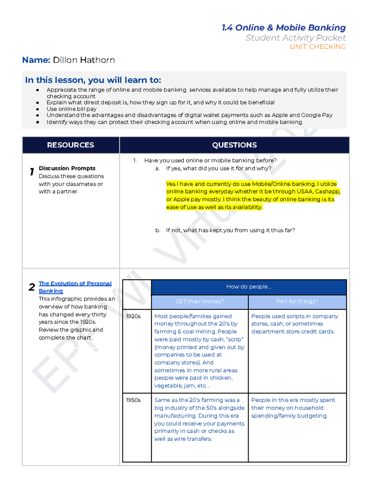 ONLINE AND MOBILE BANKING STUDENT ACTIVITY PACKET visual data 2