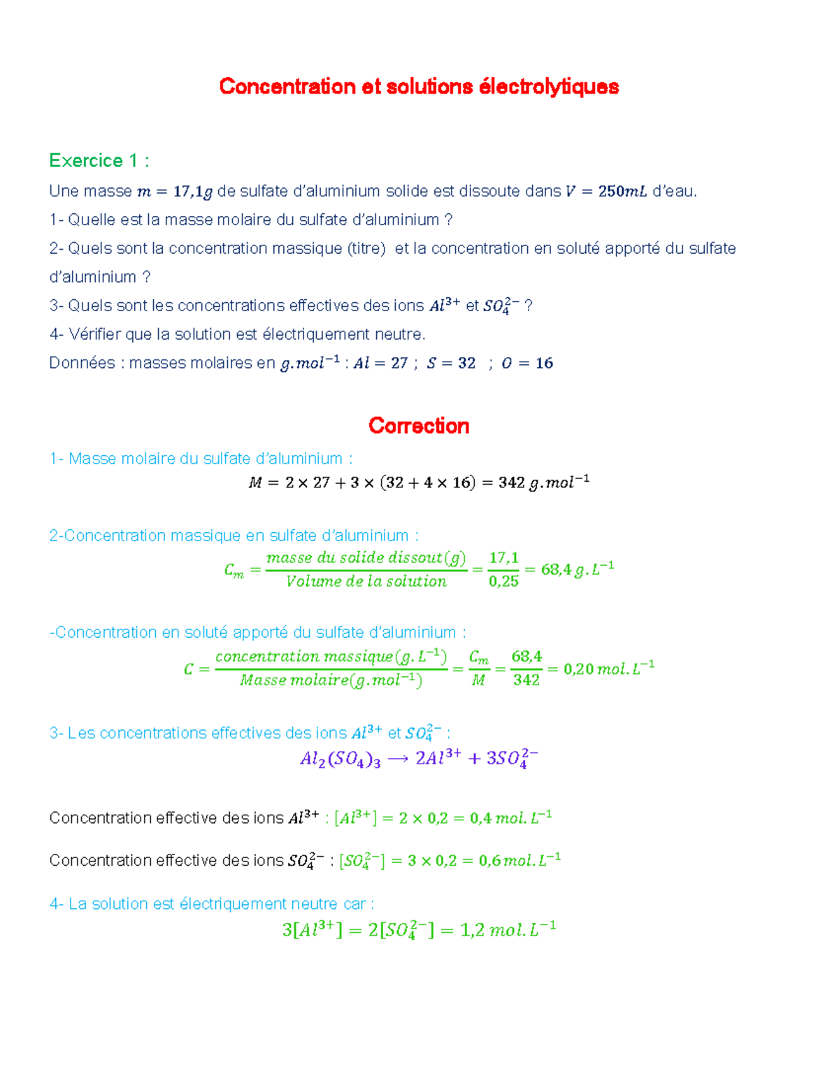 Exercices Corrigés sur la Concentration et Solutions Électrolytiques ...