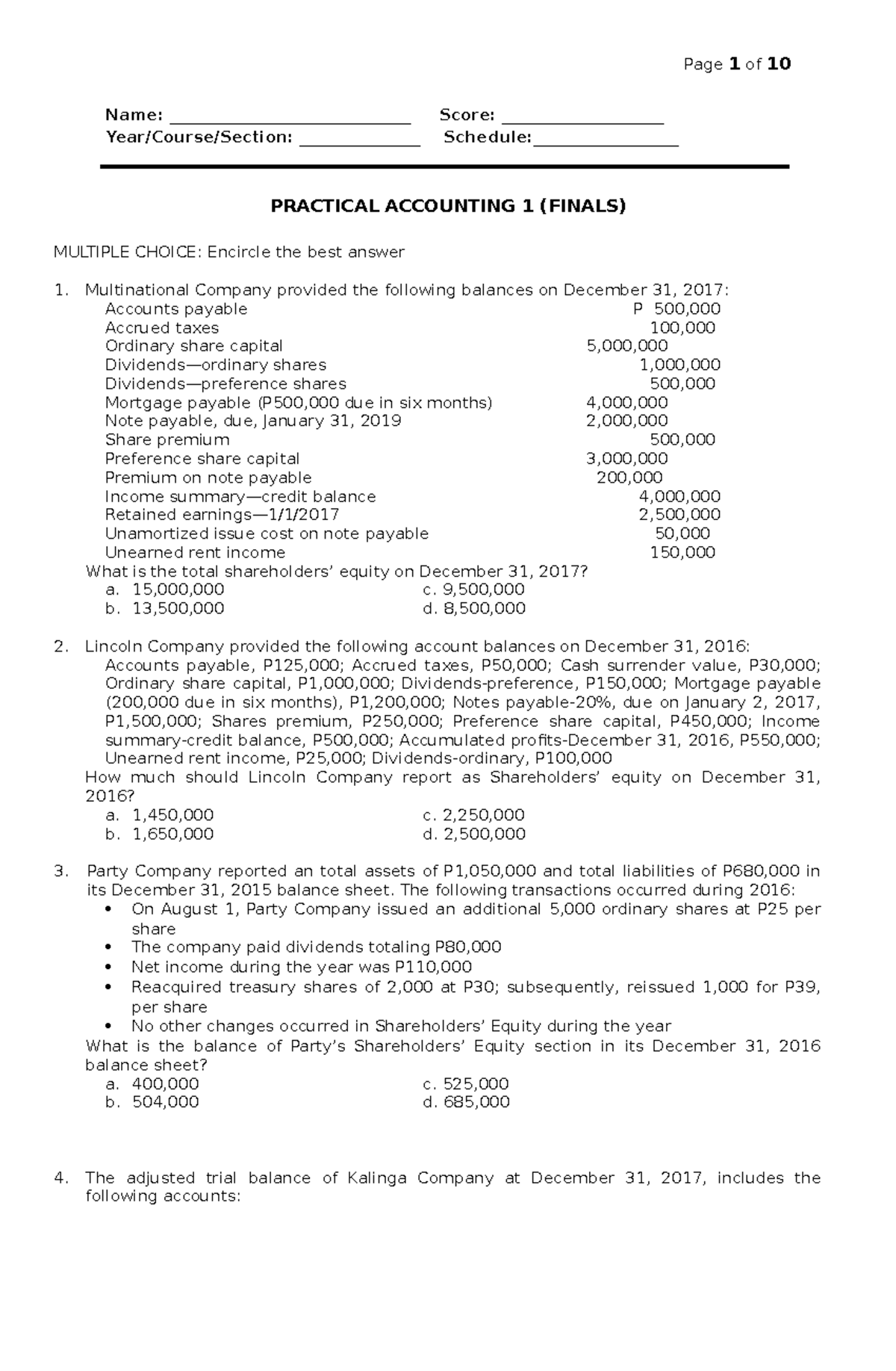 Practical Accounting 1 (FINALS) Study Guide and Review Notes - Studocu