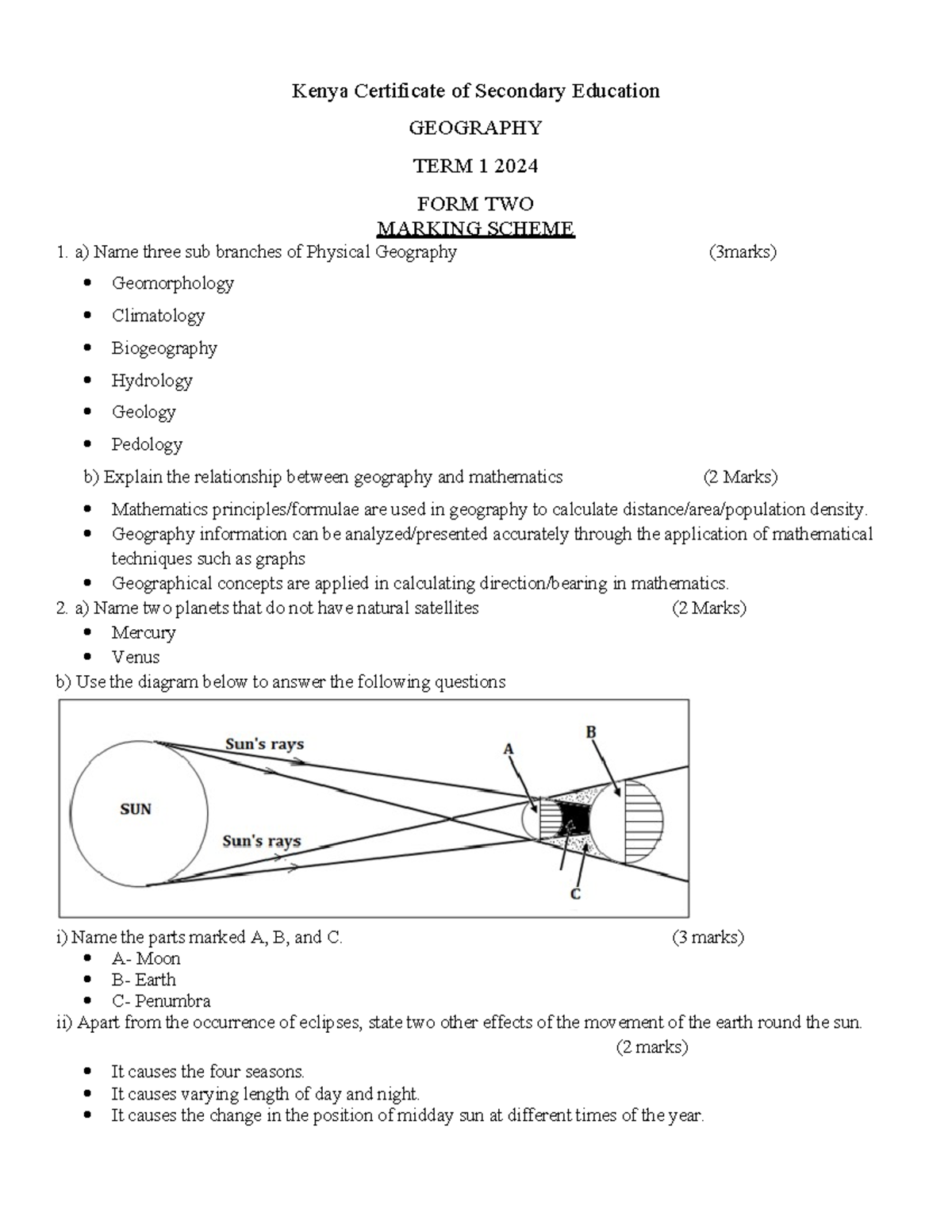 FORM 2 Geography Term 1 2024 Marking Scheme - Studocu