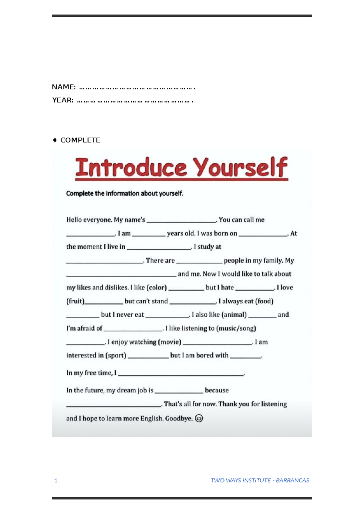 TWO WAYS INSTITUTE BARRANCAS: Adjectives & Daily Routine Exercises ...