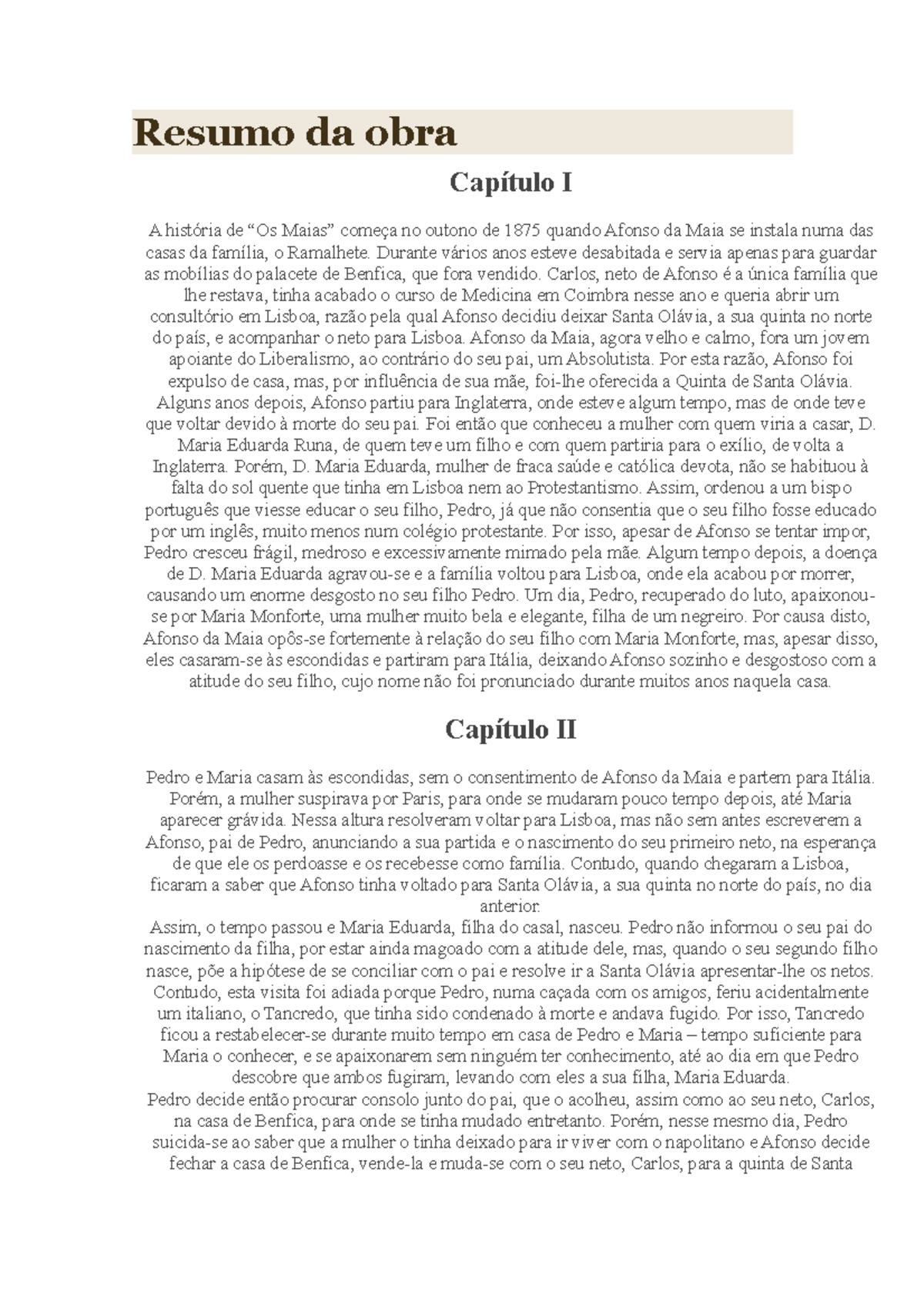 Resumo dos Capítulos de "Os Maias" - Análise e Anotações - Document Preview
