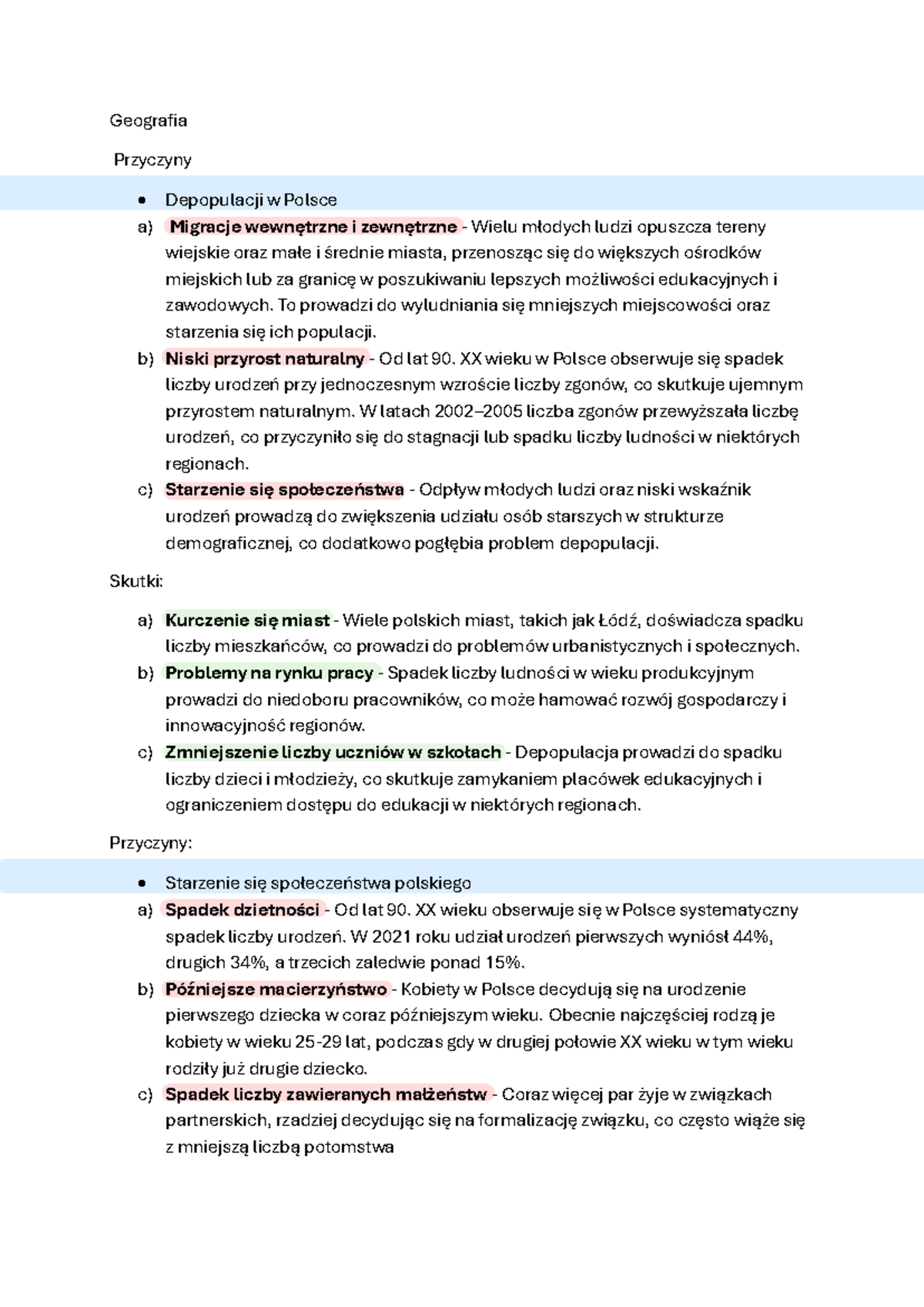 Geografia: Przyczyny i Skutki Depopulacji w Polsce - Sprawdzian - Studocu