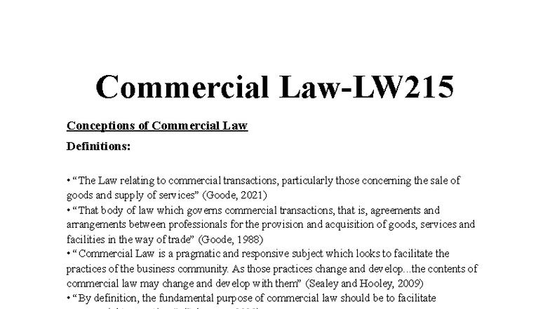 Commercial Law Lecture Notes: Key Concepts and Definitions - Studocu