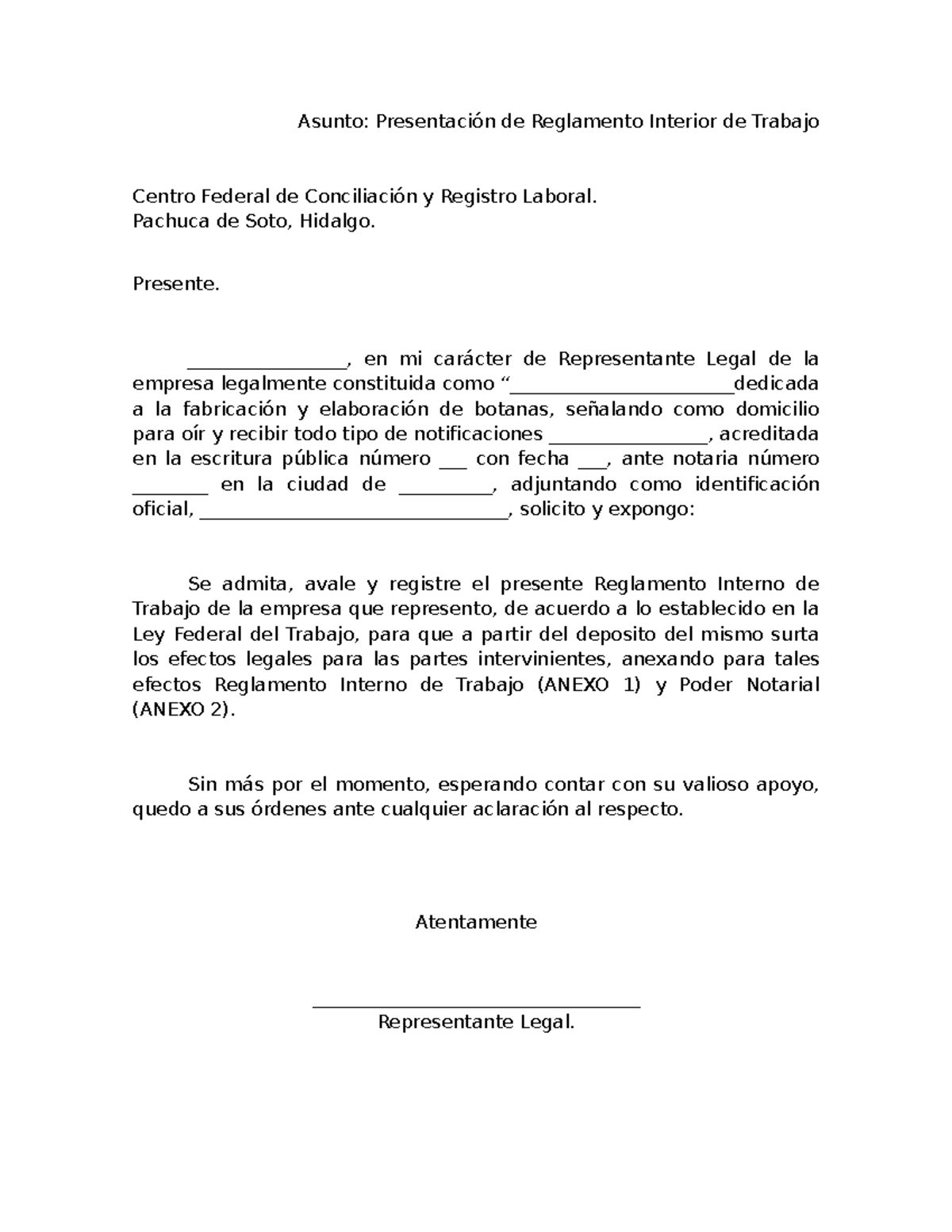 Solicitud de Registro del Reglamento Interno de Trabajo - Centro Federal - Document Preview