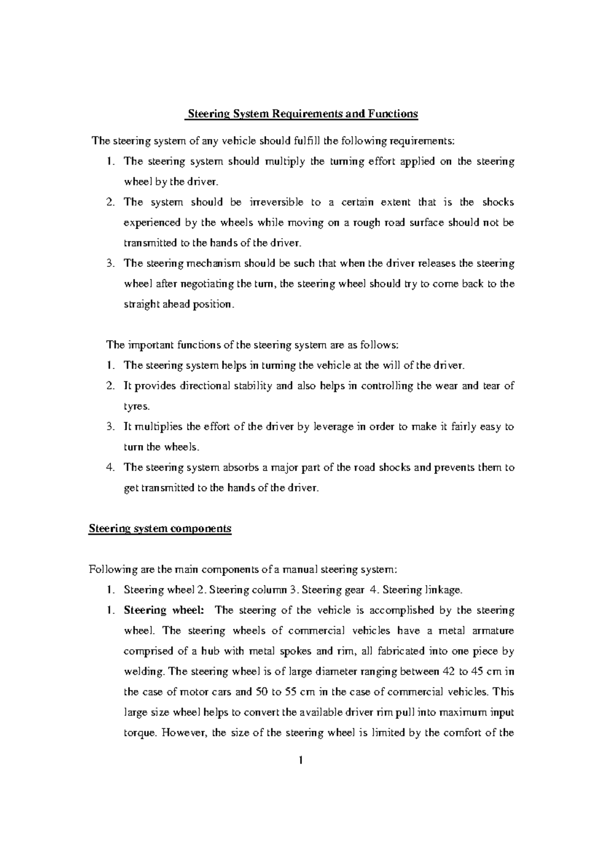 Steering System Notes: Final Exam Review and Key Components - Studocu