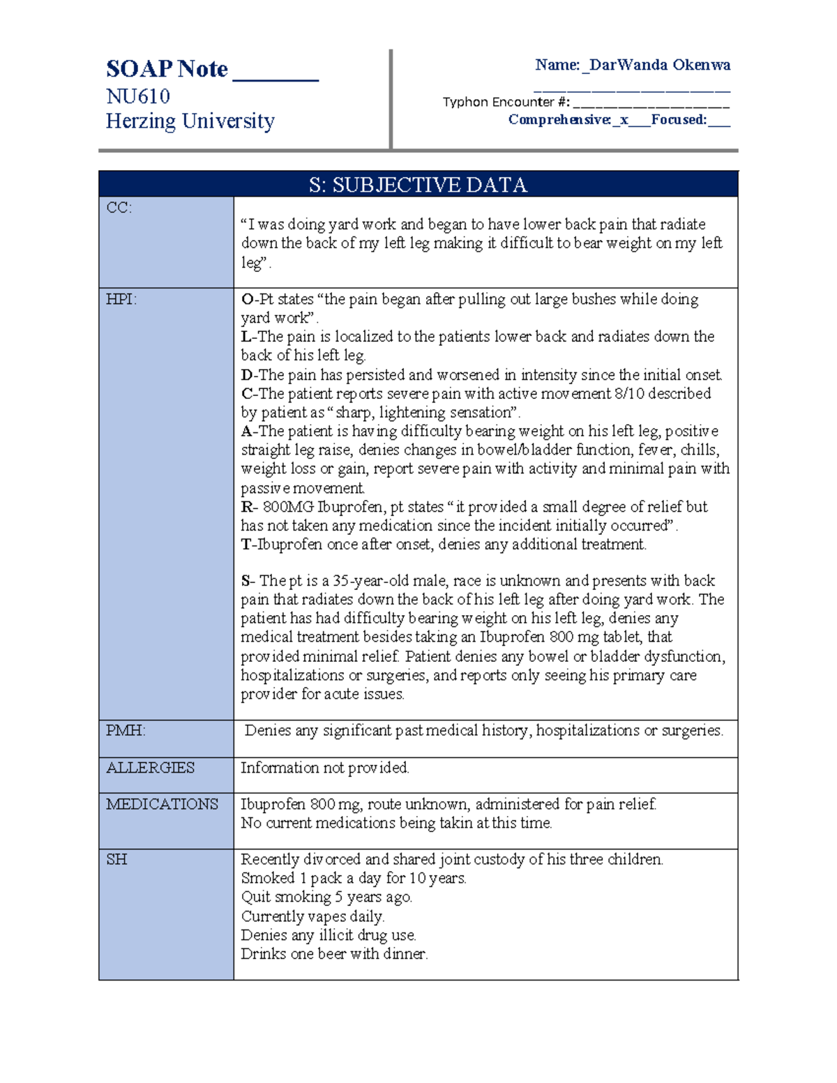 SOAP Note NU610: Patient Encounter for Lower Back Pain - DarWanda ...