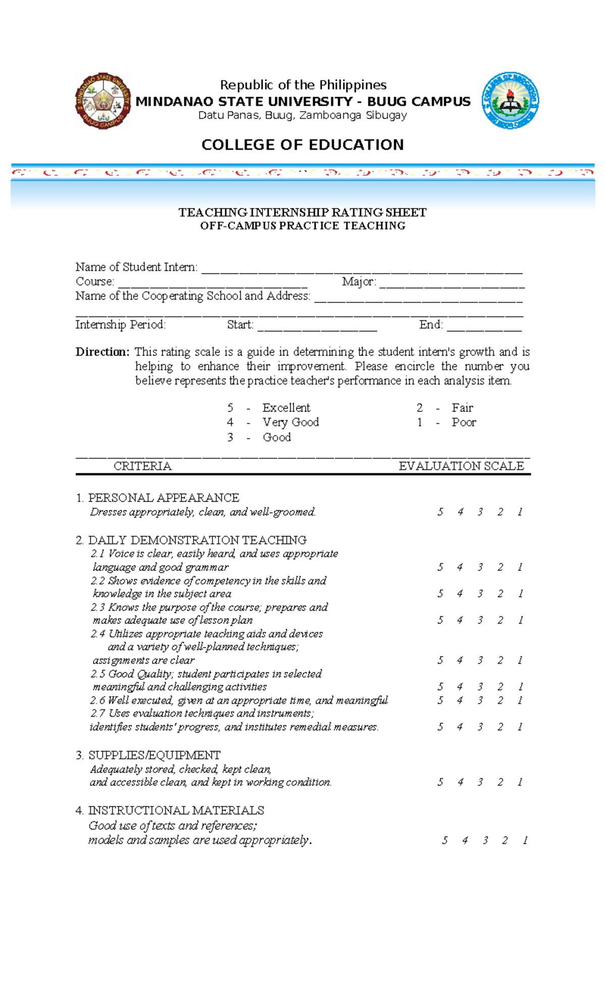 Internship Rating Sheet for Teaching Practice - MATH 101 - Studocu