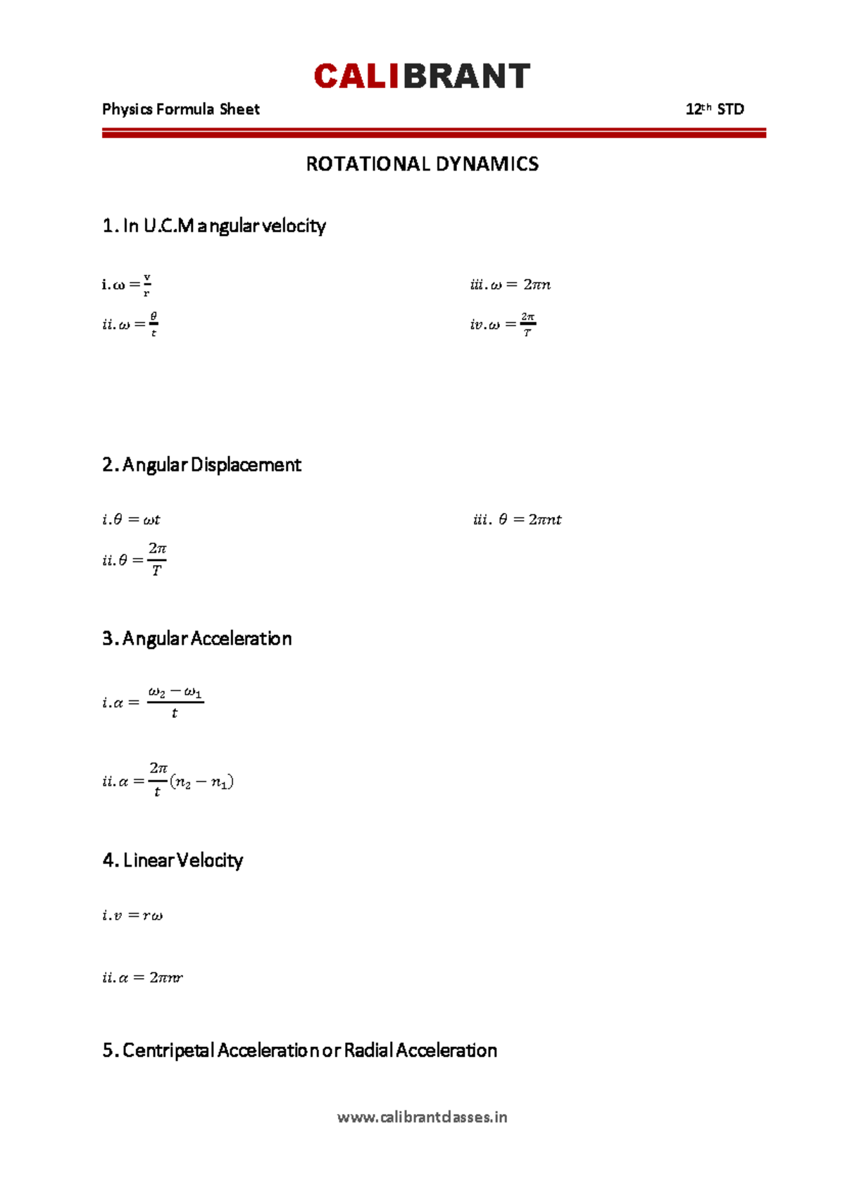 CALIBRANT 12th STD Physics Formula Sheet: Rotational Dynamics - Studocu