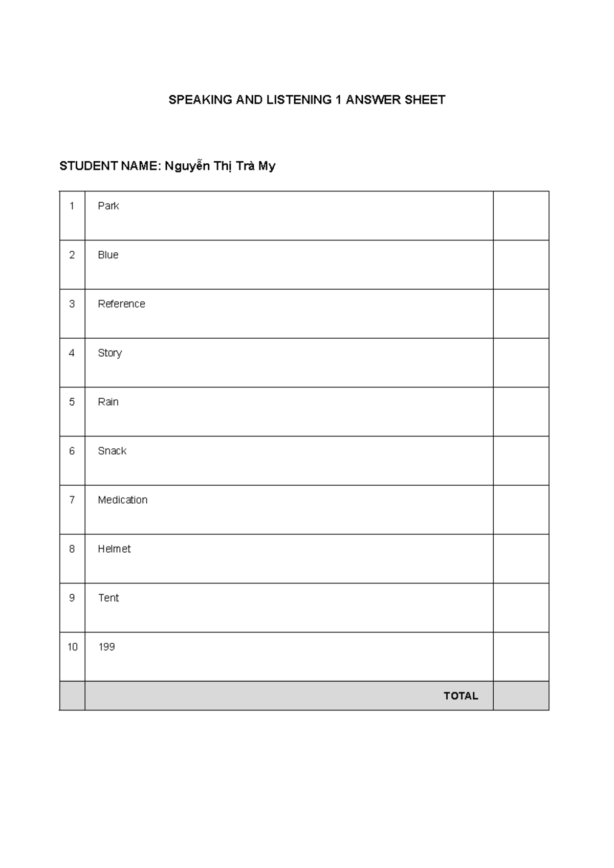 Listening Answer Sheet 1 - Tiếng anh chuyên ngành - SPEAKING AND ...