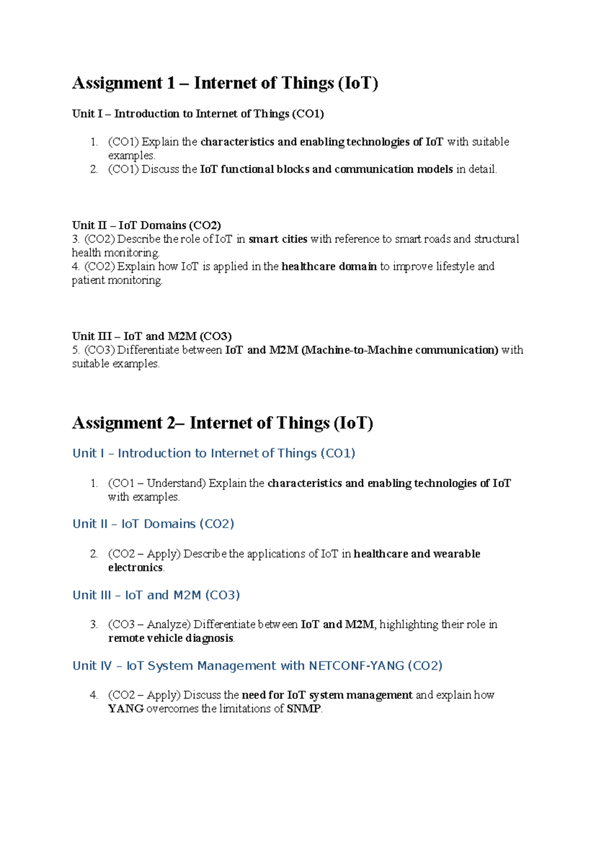Assignment 1: IoT Overview and Applications (CO1-CO3) - Studocu