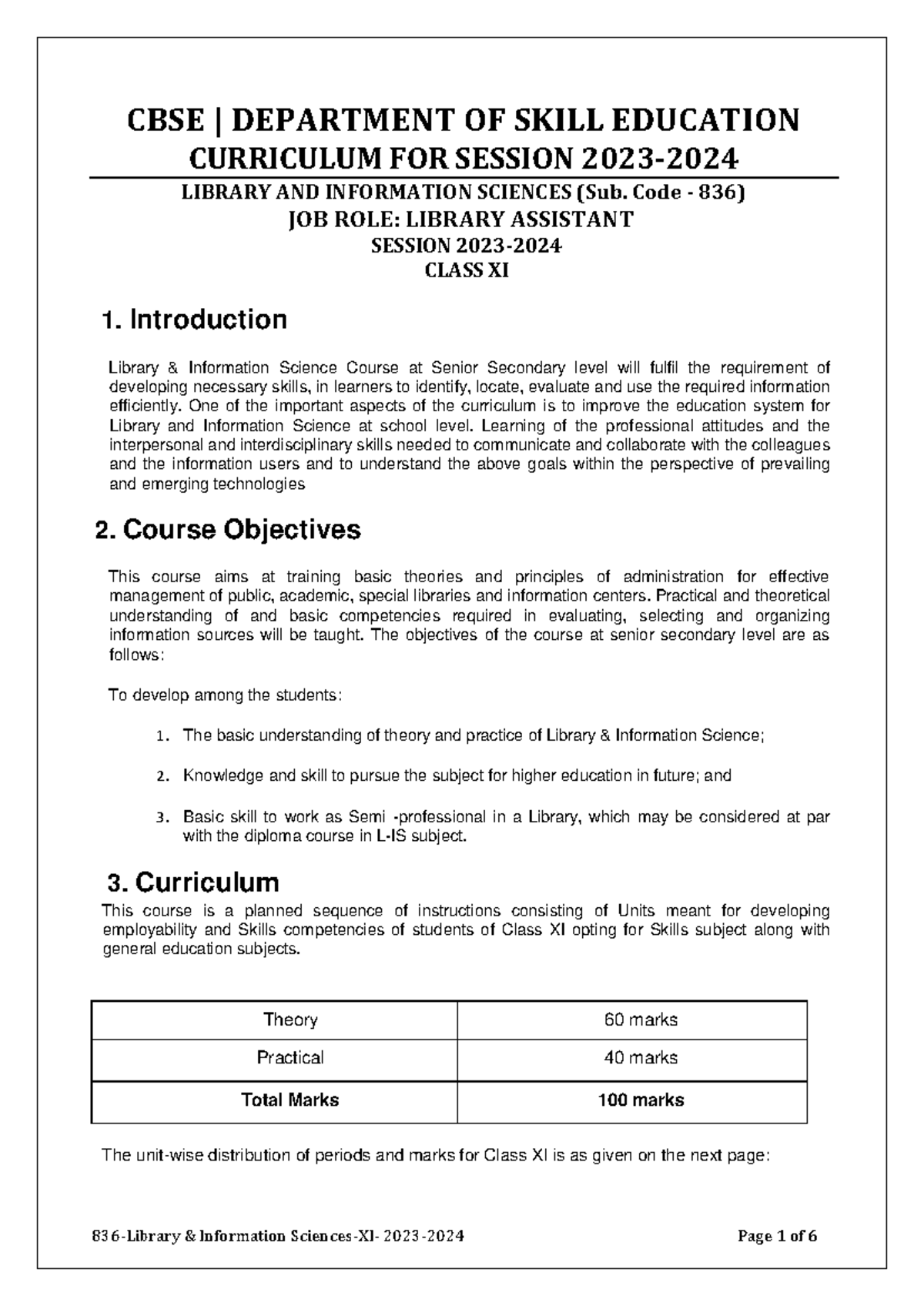 CBSE Curriculum for Library & Information Sciences (Sub. Code 836 ...