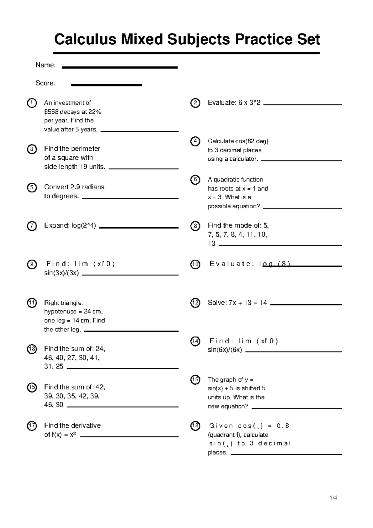 Calculus Mixed Subjects Practice Set 5: Problem Solutions and Answers ...