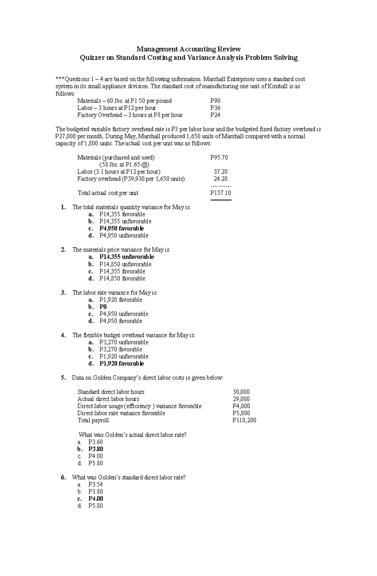 Management Accounting MA101 Quiz: Standard Costing & Variance Analysis ...