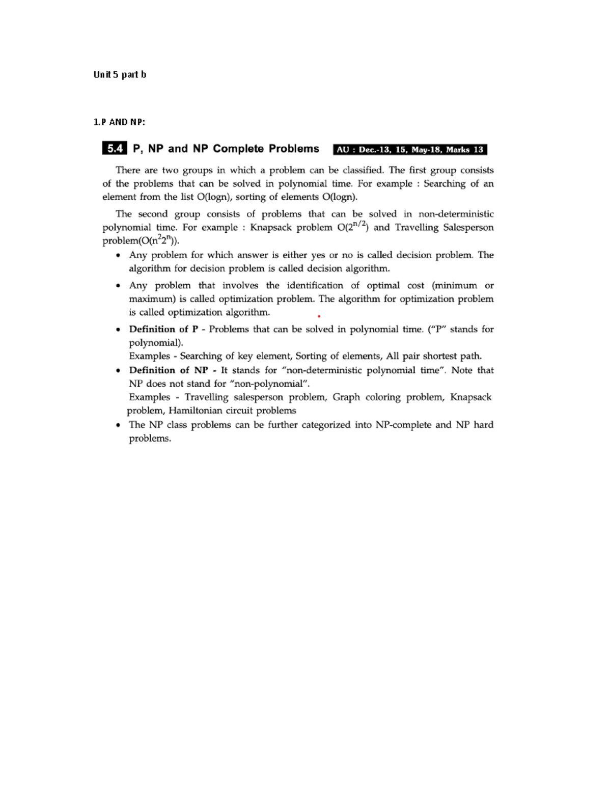 ADS UNIT 5 - lecture notes - Unit 5 part b 1 AND NP: Examples of P ...