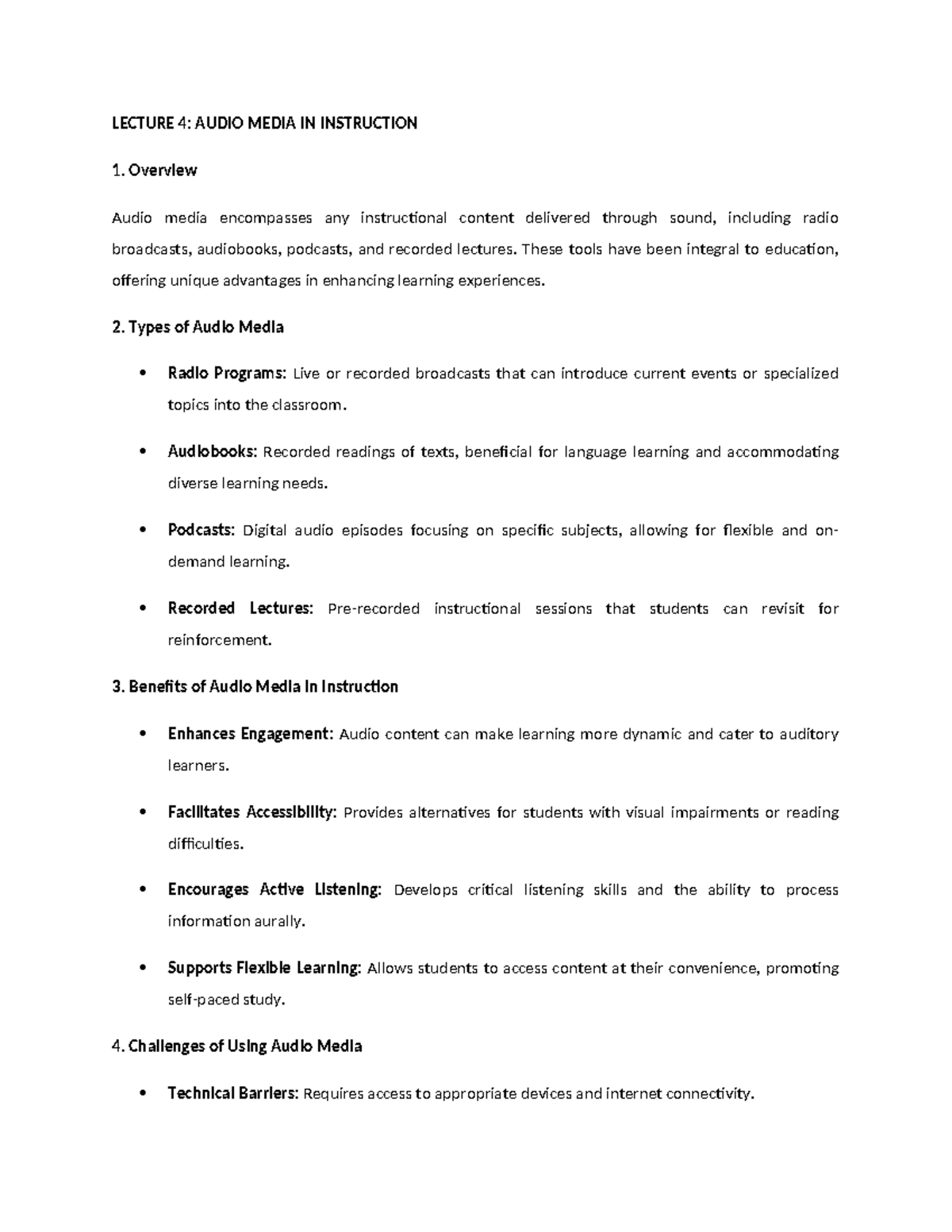 Lecture 4 - MED Audio Media in Instruction Overview and Benefits - Studocu